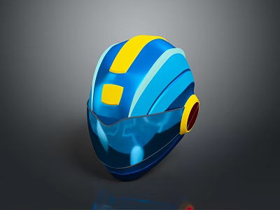 Futuristic Weapon Helmet In Blue And Yellow With Sleek Design And Reflective Surface 3d model