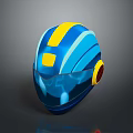 Futuristic Weapon Helmet In Blue And Yellow With Sleek Design And Reflective Surface