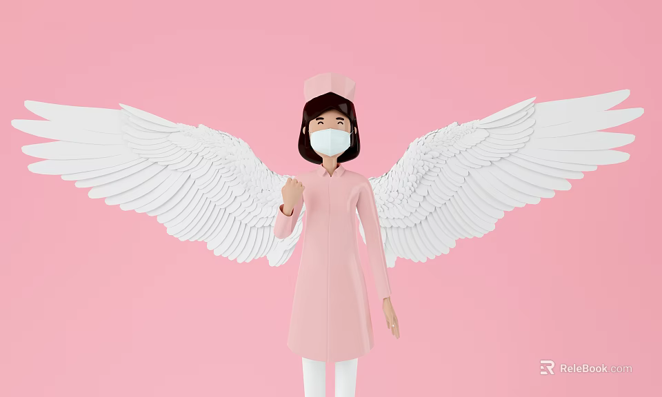 Game Movie Character in Pink Nurse Uniform With White Wings Thumbs Up On Pink Background 3d model 