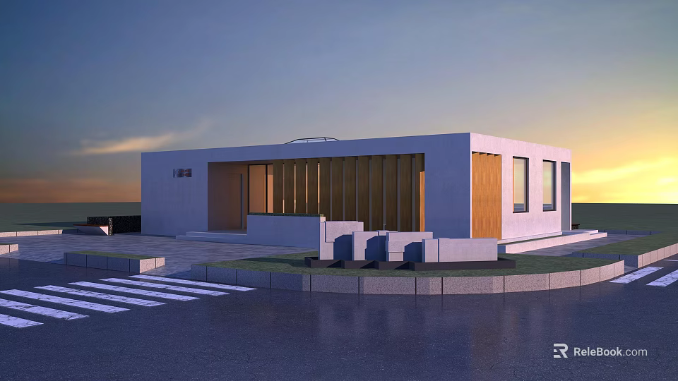 Modern Single Story Building With White Exterior Wooden Accents Steps And Driveway At Sunset 3d model 