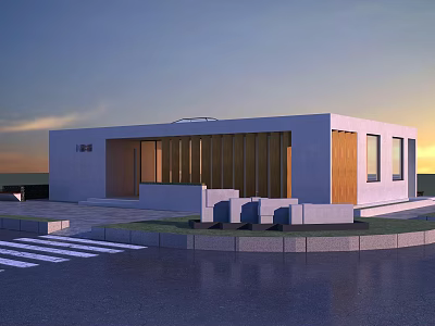 Modern Single Story Building With White Exterior Wooden Accents Steps And Driveway At Sunset 3d model
