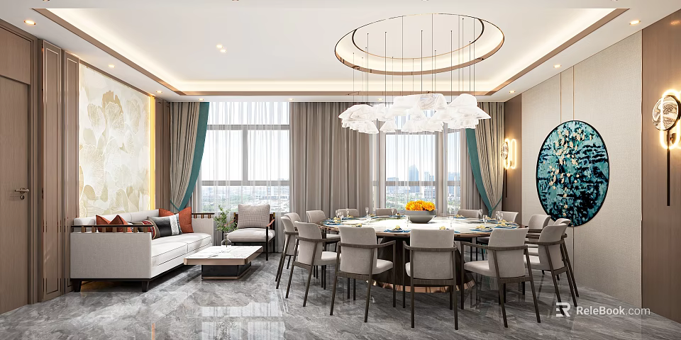 Luxurious Private Dining Room Interior With Round Dining Table Chandelier Sofa And Curtained Windows 3d model