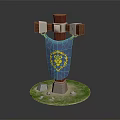 Medieval Cross Structure With Blue Banner Yellow Lion Emblem And Stone Details On Green Grass
