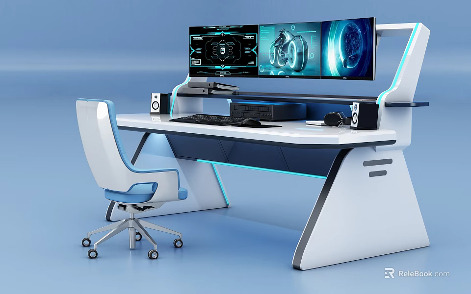 Modern Functional Desk With Multiple Monitors Ergonomic Chair And LED Lighting 3d model 