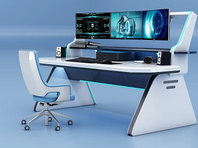 Modern Functional Desk With Multiple Monitors Ergonomic Chair And LED Lighting 3d model