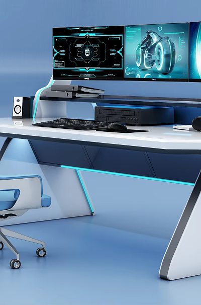 Modern Functional Desk With Multiple Monitors Ergonomic Chair And LED Lighting 3d model