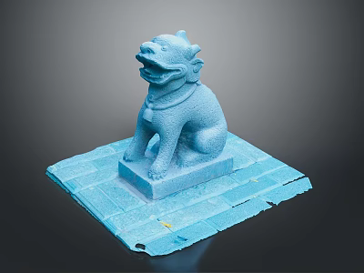 Blue Lion Statue In Sitting Pose With Decorative Collar On Brick Pedestal 3d model