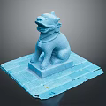 Blue Lion Statue In Sitting Pose With Decorative Collar On Brick Pedestal