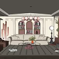 Elegant Living Room Interior With Beige Sofa Glass Coffee Table Chandelier Bookshelves and Plants
