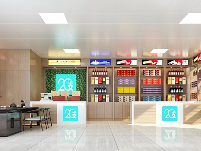 Modern Tobacco And Alcohol Store Interior With Shelves Wine Bottles Tobacco Products And 2G Logo 3d model