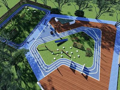 Serene Residential Landscape With Curved Pathways Green Lawns Wooden Deck And Trees 3d model