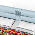 Light Blue Double Bed with Vertical Striped Headboard Golden Lines Patterned Blanket and Golden Legs
