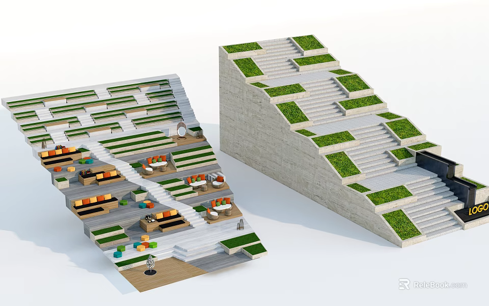 Tiered Park Landscape With Green Lawns Stone Steps And Outdoor Seating 3d model 