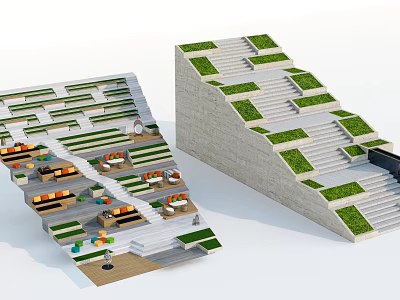 Tiered Park Landscape With Green Lawns Stone Steps And Outdoor Seating 3d model