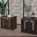 Vintage Wooden Bedside Tables With Decorative Vase Lantern Books And Green Plant