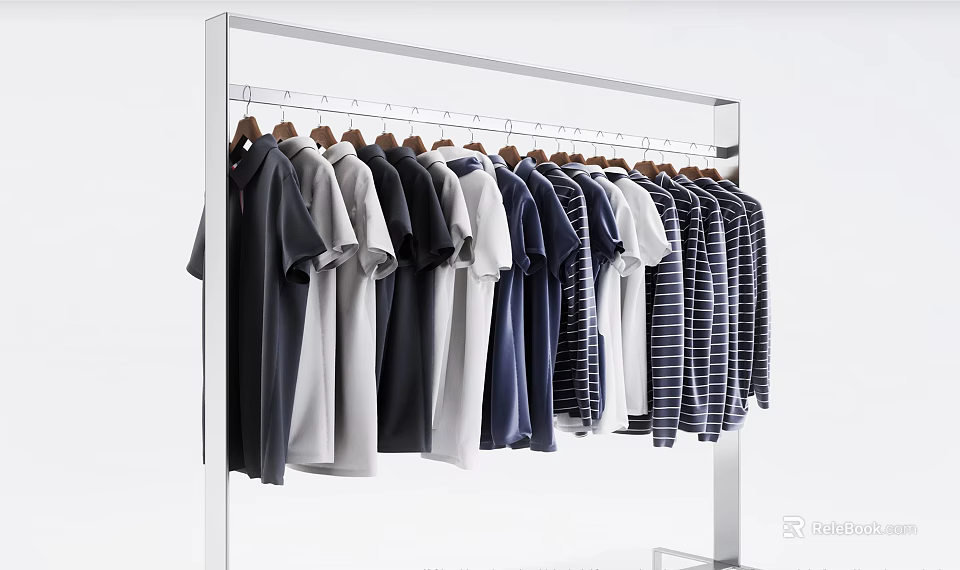 Hanging Black White Navy Blue T Shirts And Shirts On Metal Rack With White Background 3d model 
