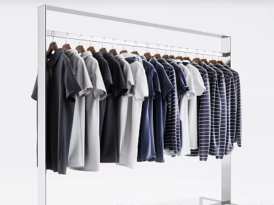 Hanging Black White Navy Blue T Shirts And Shirts On Metal Rack With White Background 3d model