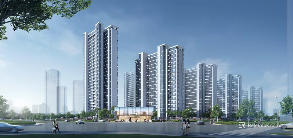 Modern High Rise Residential Complex With Lush Greenery And Water Surroundings 3d model 
