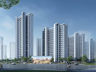 Modern High Rise Residential Complex With Lush Greenery And Water Surroundings 3d model