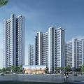 Modern High Rise Residential Complex With Lush Greenery And Water Surroundings