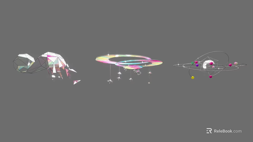 Various Artistic Hanging Pendants With Colorful Circular Hoops And Small Decorative Pieces 3d model 