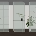 Modern Room Divider Screen With Geometric Lines And Transparent Panels In Interior With Potted Plants