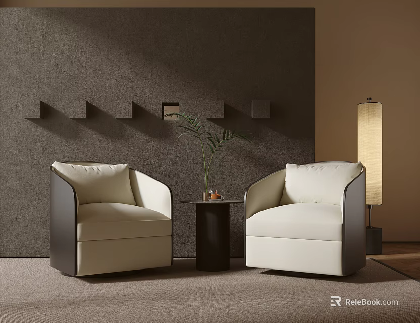 Lounge Area With Gray Wall Two Beige Armchairs Round Table Plant Floor Lamp And Carpet 3d model 