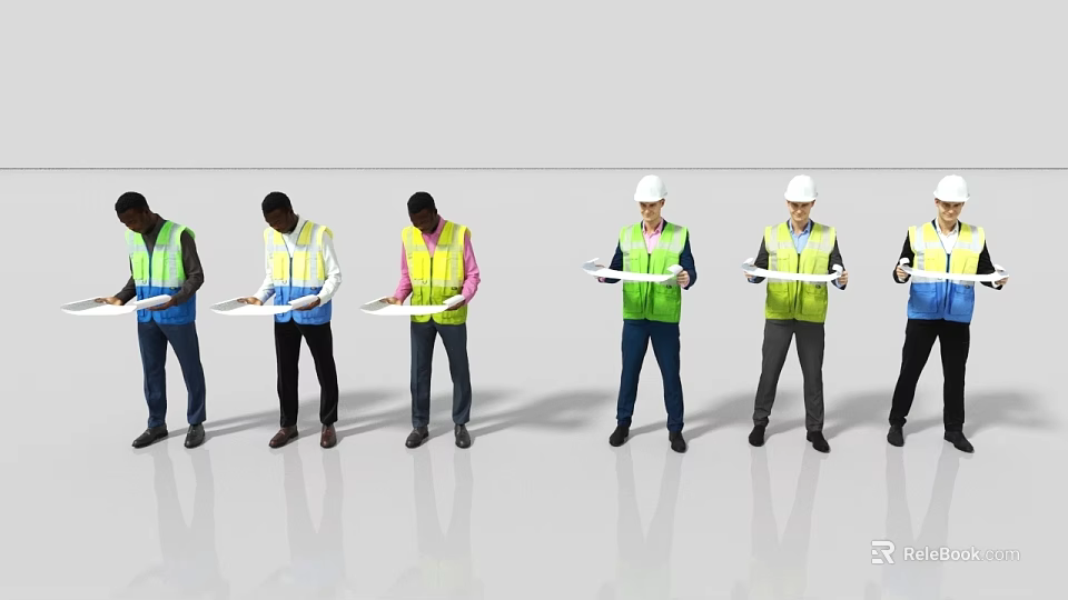 Men in Colorful Reflective Vests and Hard Hats Holding Documents Standing in a Line 3d model 