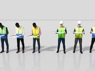 Men in Colorful Reflective Vests and Hard Hats Holding Documents Standing in a Line 3d model
