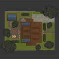 Detached Villa with Brown Roof Design and Fenced Yard Surrounded by Trees and Lawn