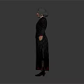Woman in Black Formal Coat And Long Dress With Arms Outstretched Standing Pose