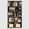 Organized Wooden Bookshelf With Multiple Black Folders And Decorative Items