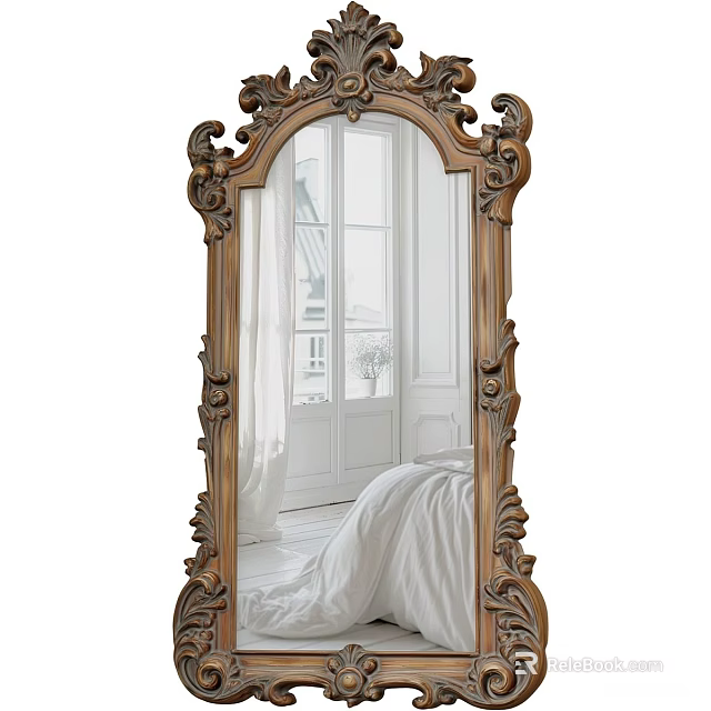 Ornate Carved Frame Mirror Reflecting Bedroom Interior With Window And Curtains 3d model 