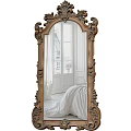 Ornate Carved Frame Mirror Reflecting Bedroom Interior With Window And Curtains