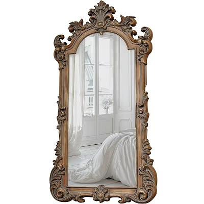 Ornate Carved Frame Mirror Reflecting Bedroom Interior With Window And Curtains 3d model