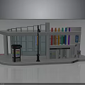 Modern Building With Glass Curtain Wall Colorful Stripes Platform Street Lamp And Information Board