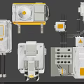 Industrial Electrical Control Boxes With Gray Casing Buttons Cables And Orange Indicators