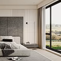 Modern Minimalist Bedroom Interior Design With Grey Textured Headboard Wall And Floor To Ceiling Windows