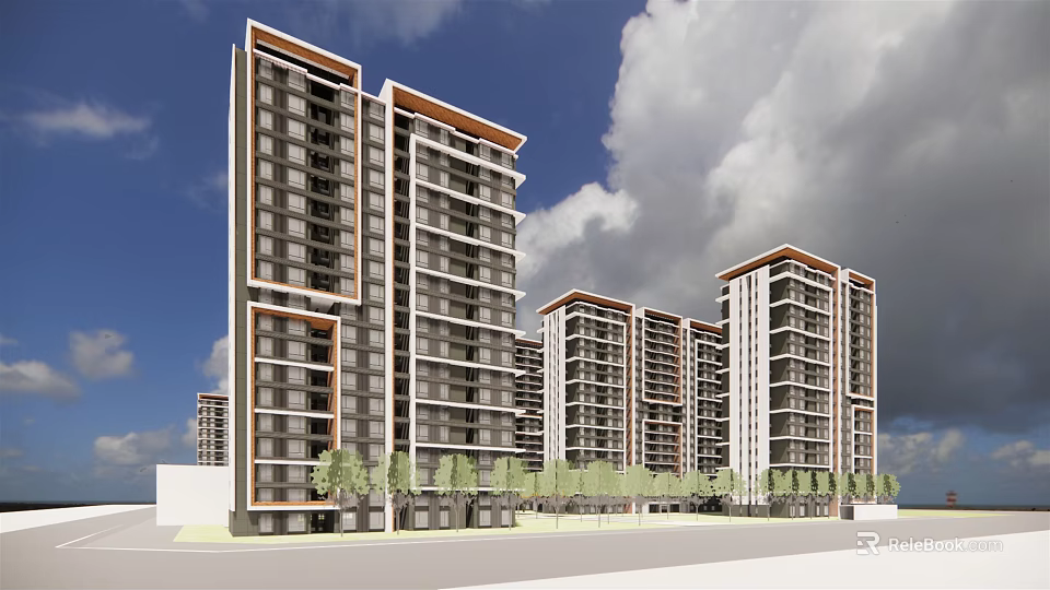 Modern High Rise Apartment Complex With Contemporary Facade And Landscaping Elements 3d model