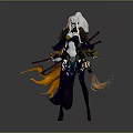 Anime Style Woman With White Long Hair Fox Tails Swords And Purple Orange Outfit