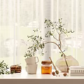 Abstract Painting On Window Sill With White Curtains Olive Branch Honey Jar And Mountain View