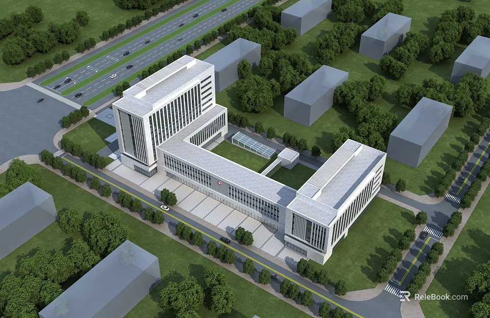 Modern White Public Building With Glass Facade Surrounded By Greenery And Trees 3d model 