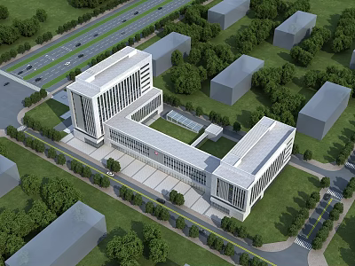Modern White Public Building With Glass Facade Surrounded By Greenery And Trees 3d model