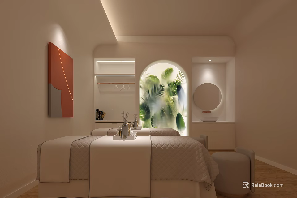 Relaxing Beige Beauty Salon Treatment Room With Massage Bed Arched Window And Green Plants 3d model 