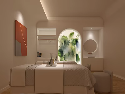 Relaxing Beige Beauty Salon Treatment Room With Massage Bed Arched Window And Green Plants 3d model