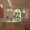 Relaxing Beige Beauty Salon Treatment Room With Massage Bed Arched Window And Green Plants