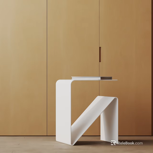 Modern White Side Table with Geometric Structure Against Wooden Cabinet Background 3d model