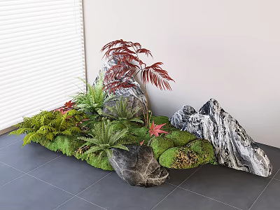 Plant Arrangement With Various Green Plants Ferns Red Leaved Plants And Natural Rocks 3d model