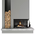 Modern Fireplace Design With Burning Flame And Stacked Firewood On Stone Hearth