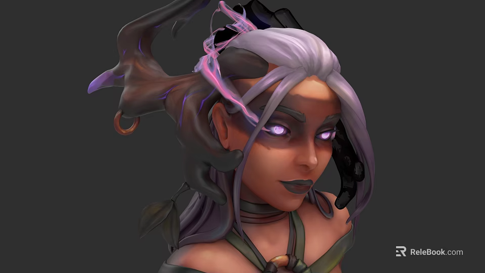 Fantasy Woman Character With White Hair Purple Eyes Dark Makeup Ornate Necklace And Decorative Horns 3d model 